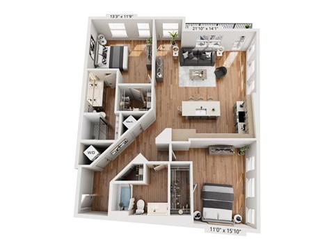 Floor plan for 2 beds, 2 baths, 1425 sqft